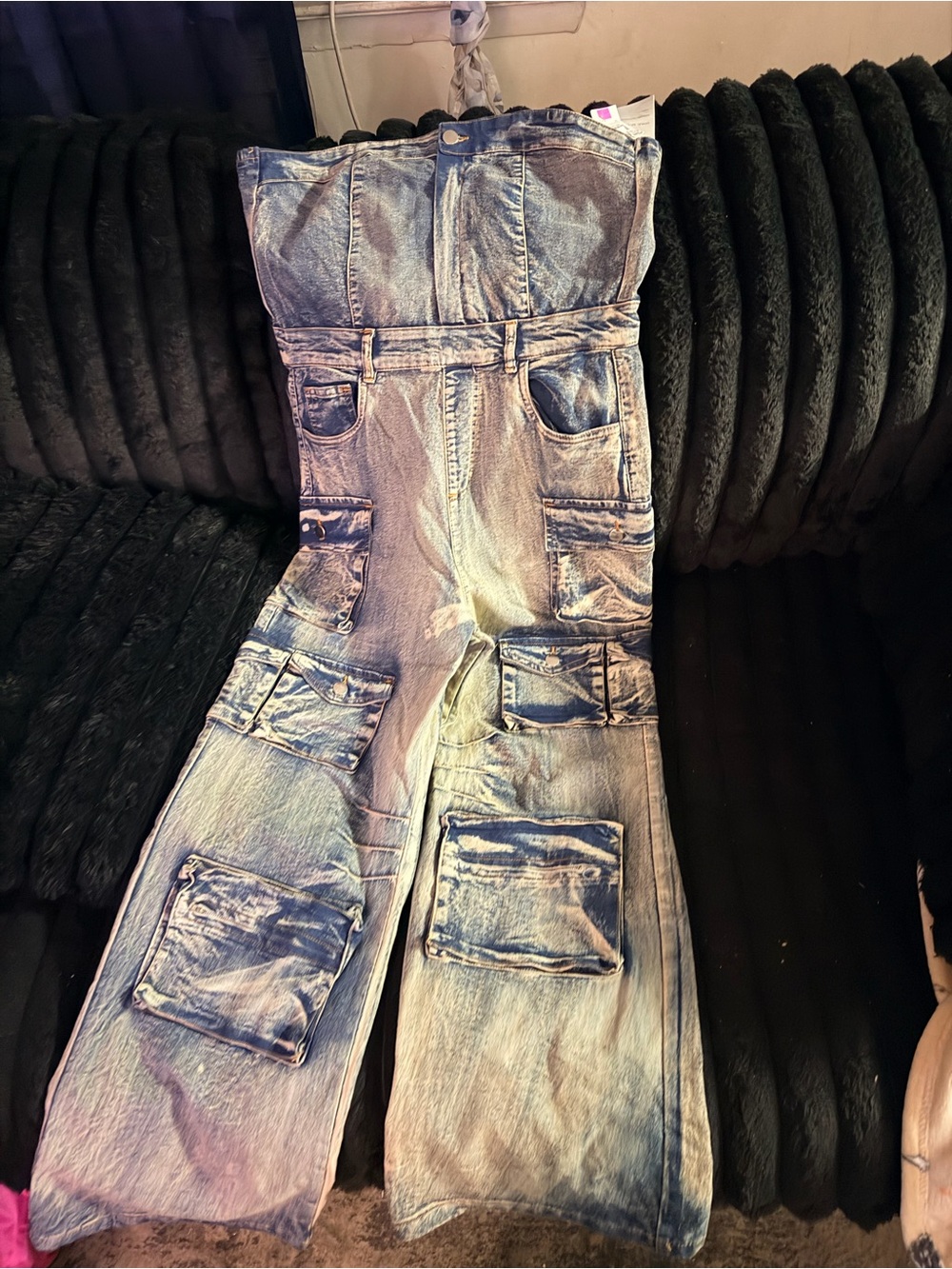 Light Blue Denim Women's Cargo Overalls with Patch Pockets